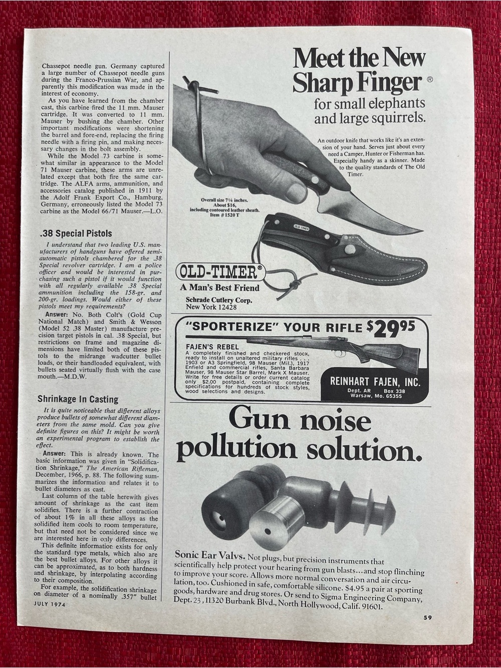 1974 Schrade Cutlery Old Timer Outdoor Knife Vintage Print Ad